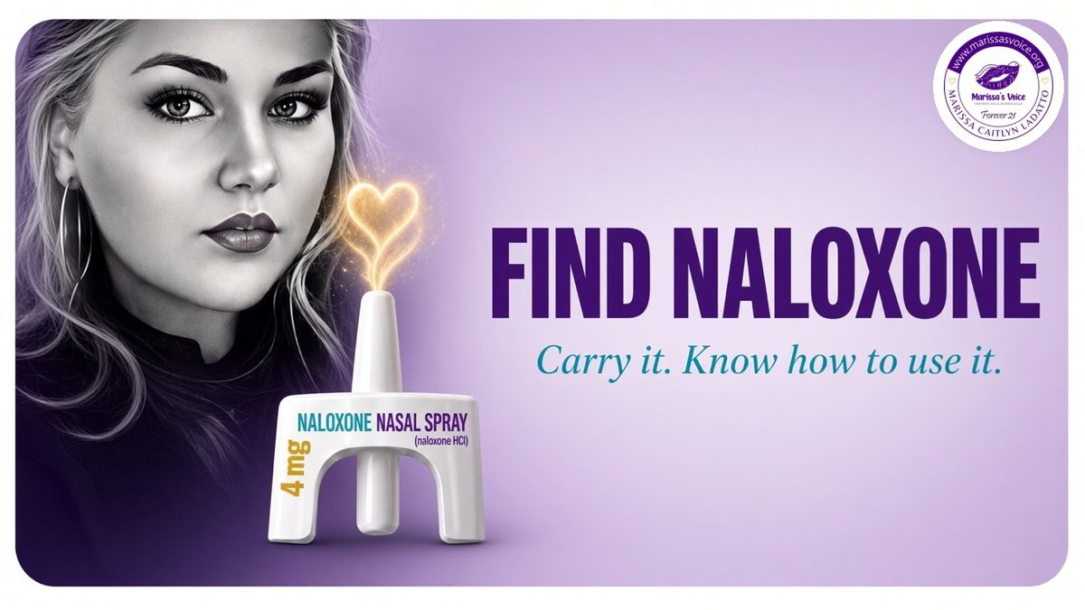 Marissa&rsquo;s Voice banner: a portrait of Marissa beside a naloxone nasal spray with a glowing heart, and the words Find Naloxone. Carry it. Know how to use it.